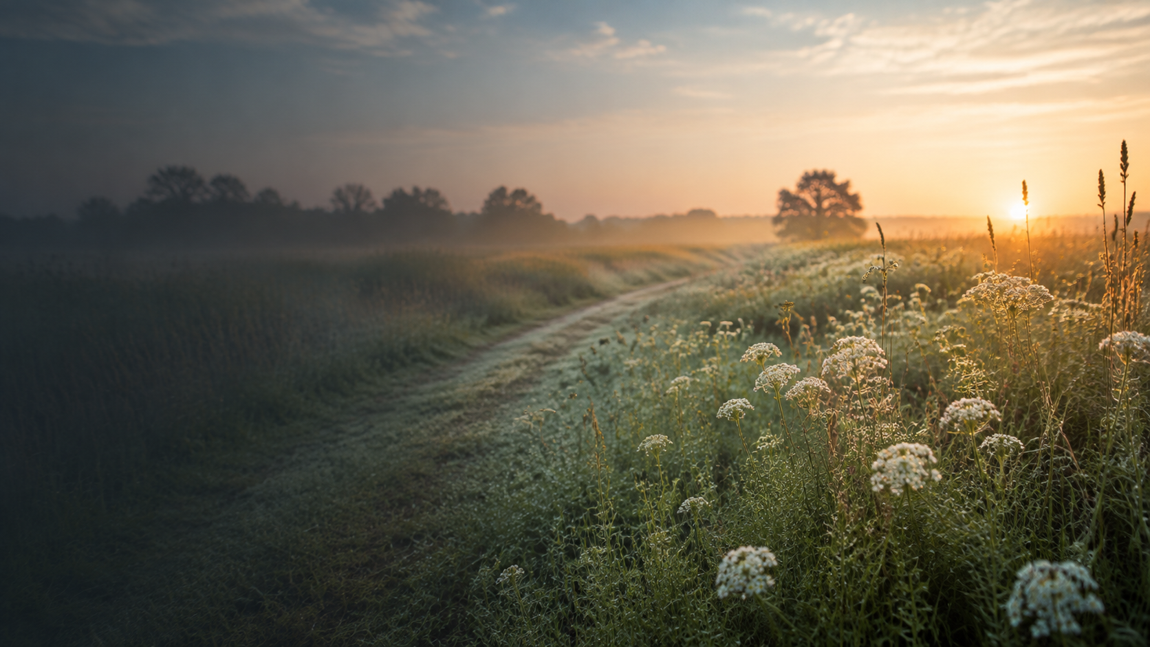 A winding path through dew-covered wildflowers at sunrise